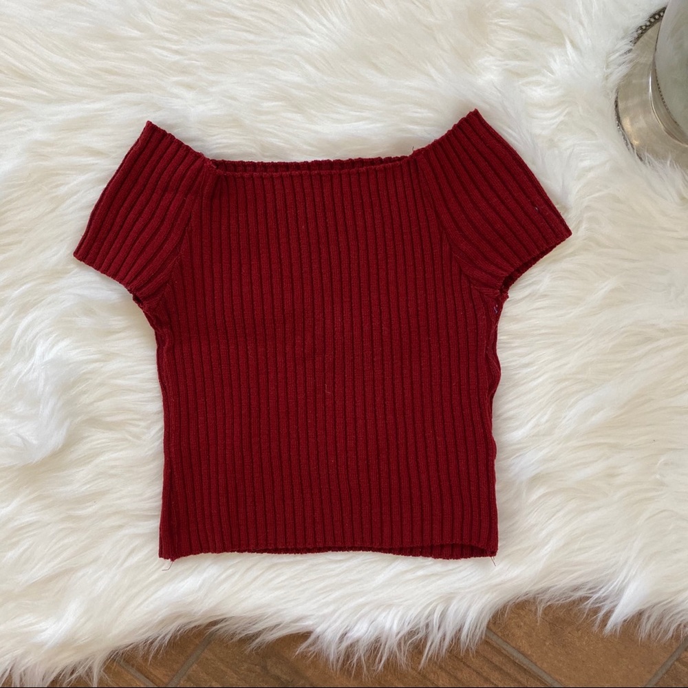 Red Ribbed Knit Off Shoulder Crop Top - Picture 2 of 6